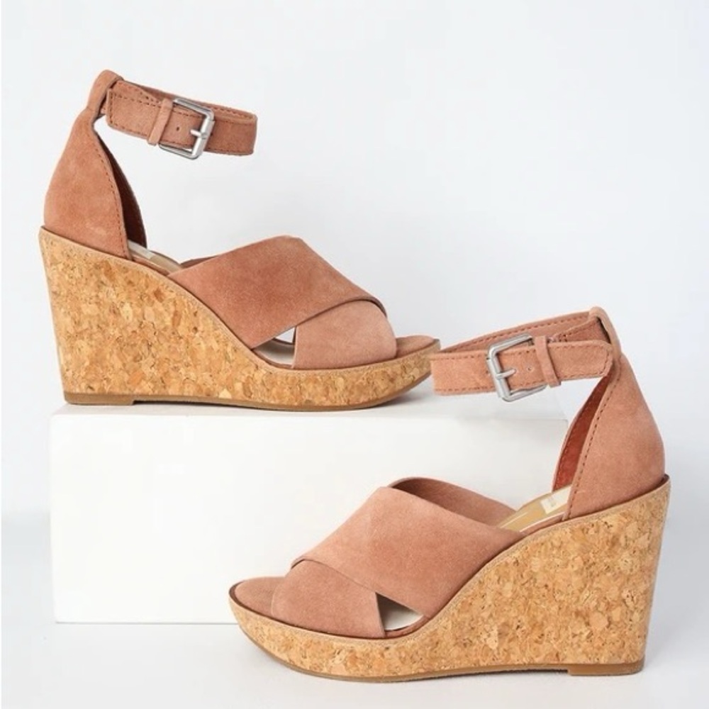 Dolce Vita Urbane Clay Suede Leather Cork Wedges in Blush Color